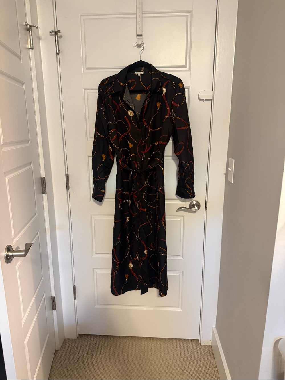 Lily Silk Black Printed Shirt Dress with Red and Gold Chain Pattern